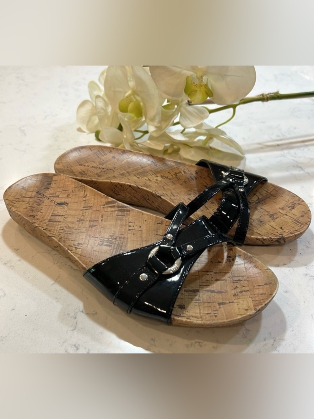 Lands' End Women's Black Harbor Light Flat Patent Leather Slides Size 9
